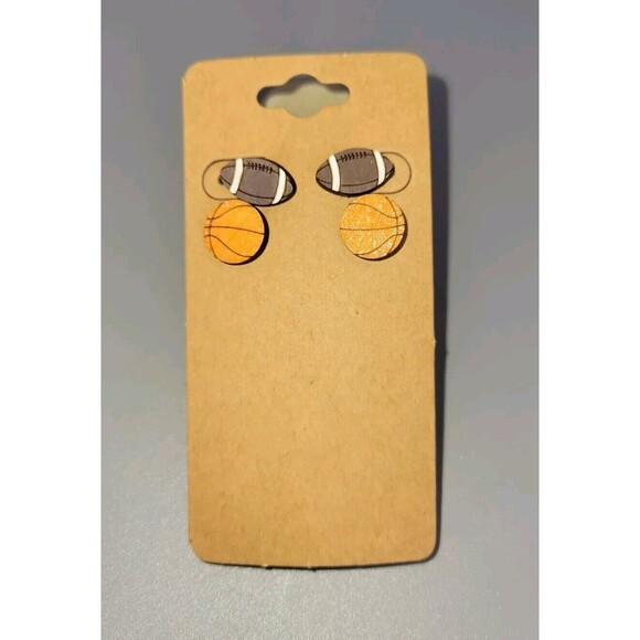 Set of 2 Wooden Spots Mom Stud Earrings Hand Painted Basketball Football Pierced - Picture 2 of 4